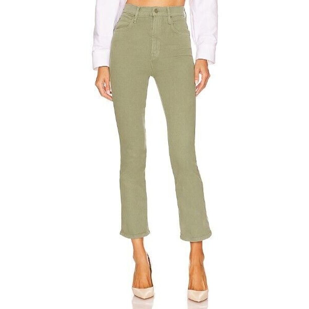 MOTHER Green Straight Leg Jeans with Cropped Length